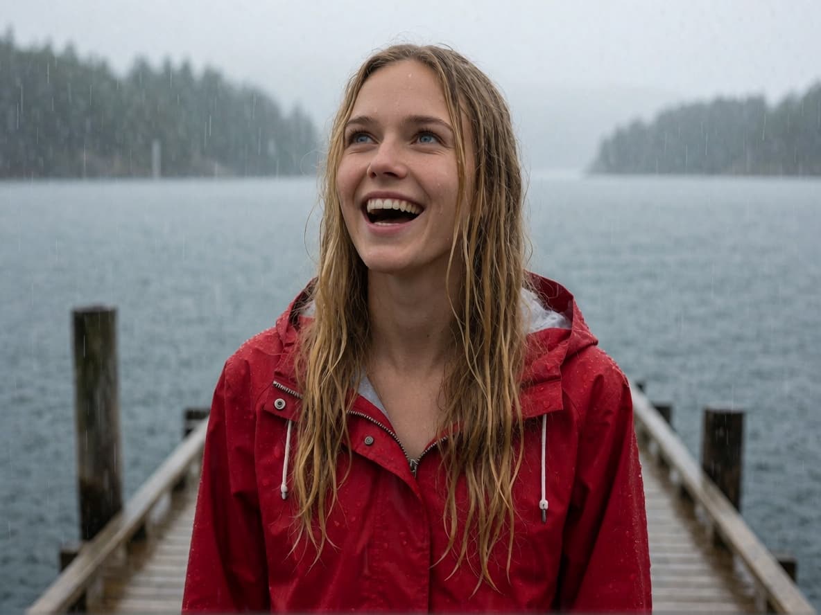 Freya on a wooden dock in the rain