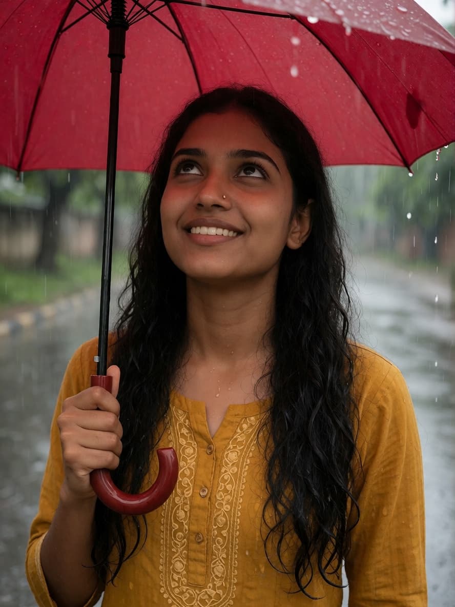 Priya under an umbrella in a monsoon street