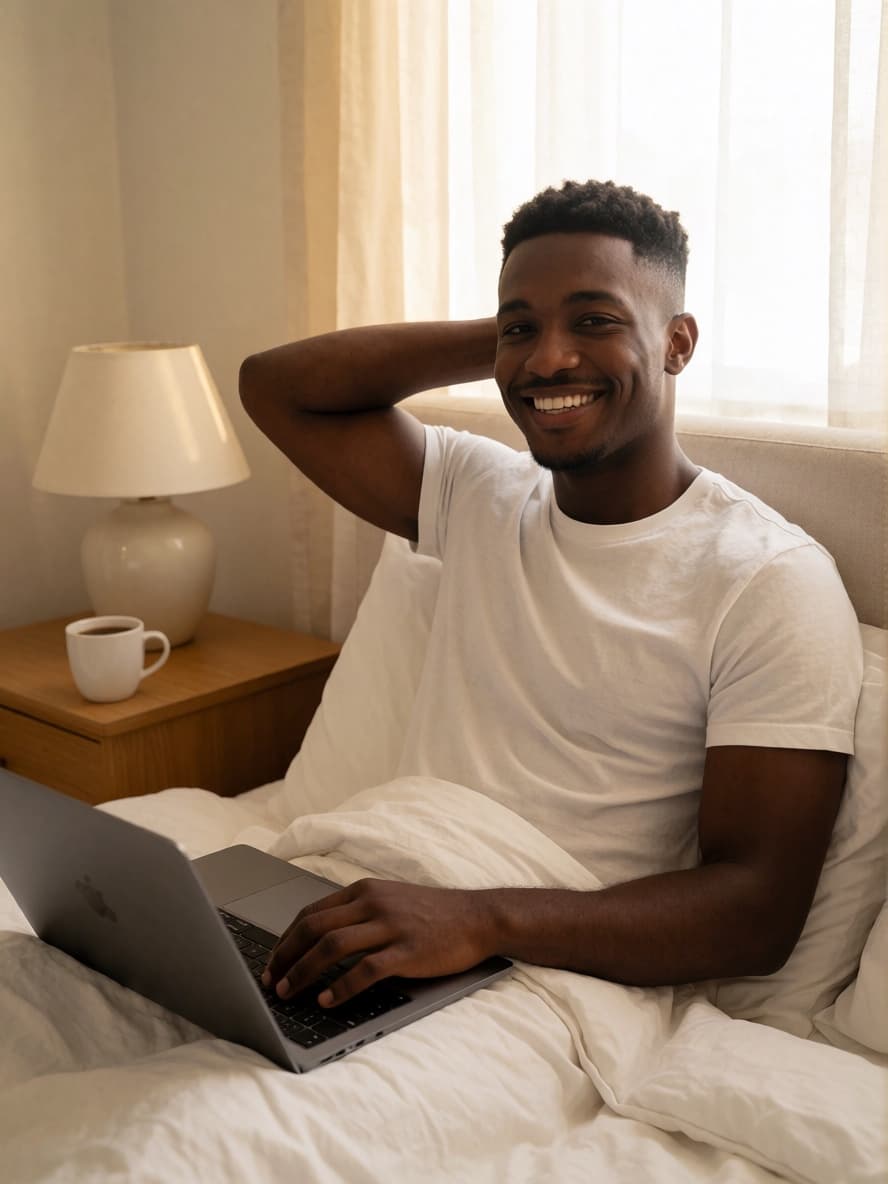 Marcus in bed with a laptop on a Sunday morning
