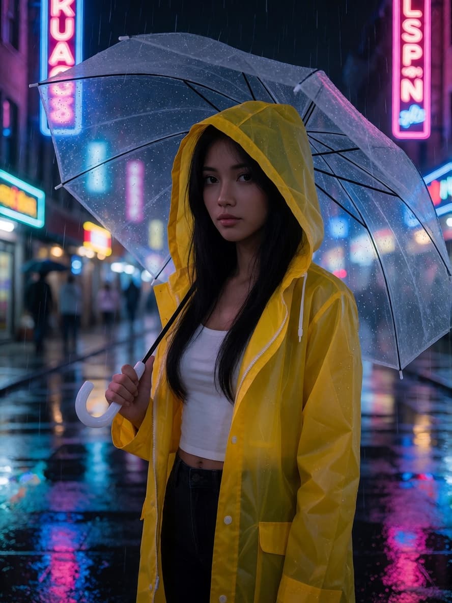 Hana in a yellow raincoat on a rainy street