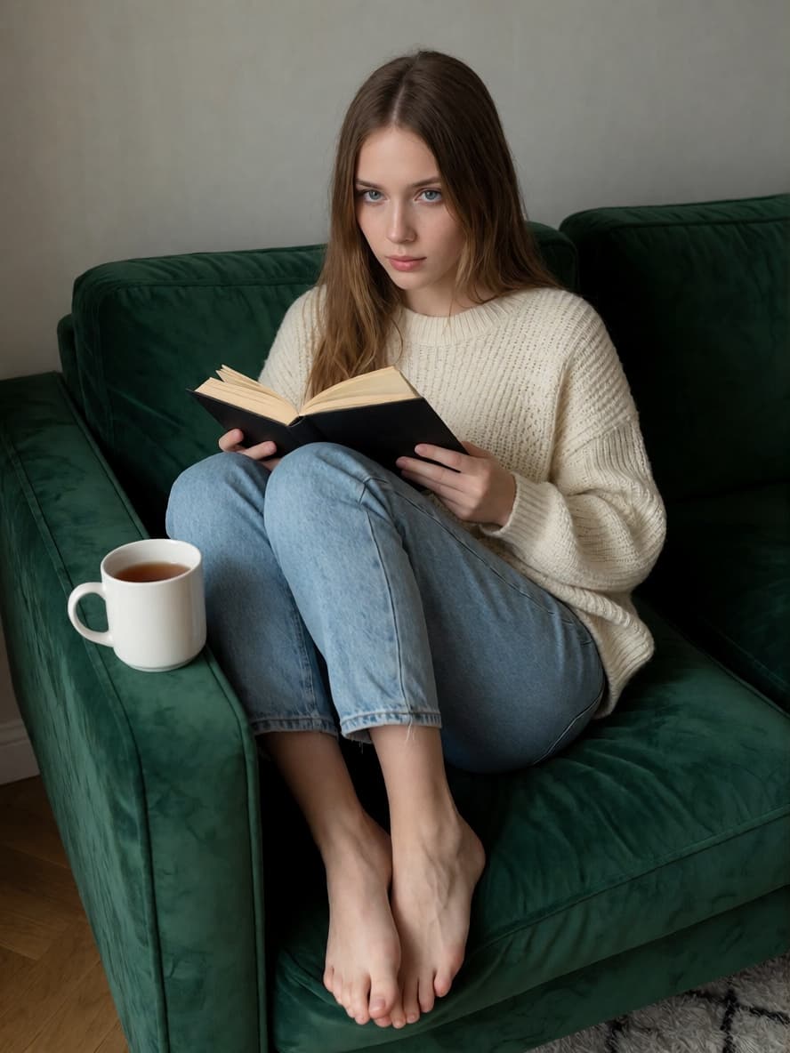 Olivia reading on a green velvet sofa