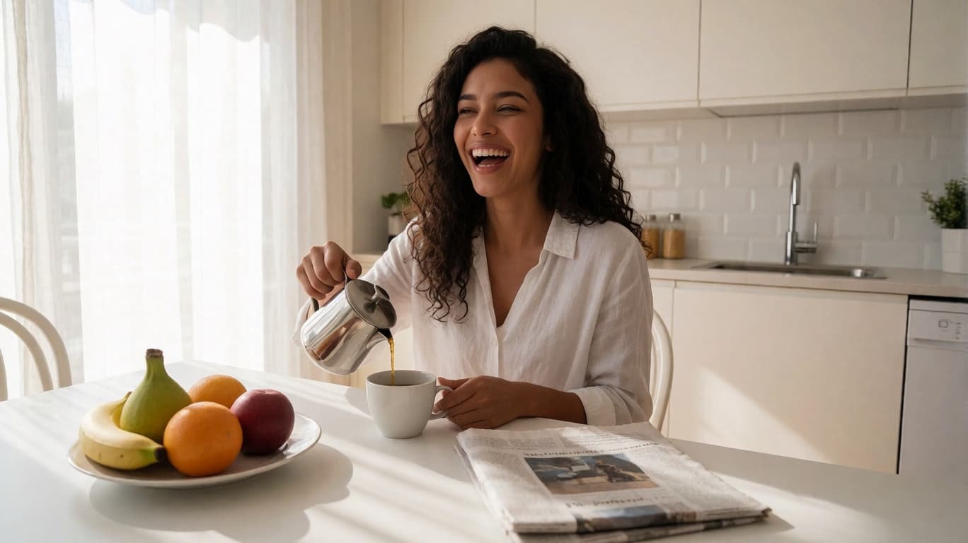 Fatima at a kitchen table with breakfast, wide
