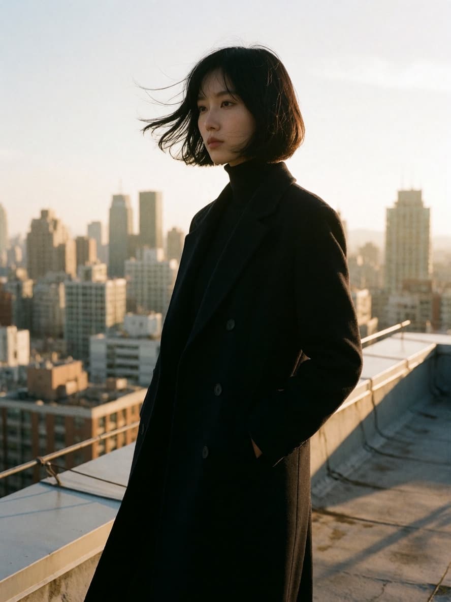 Ji on a rooftop at golden hour