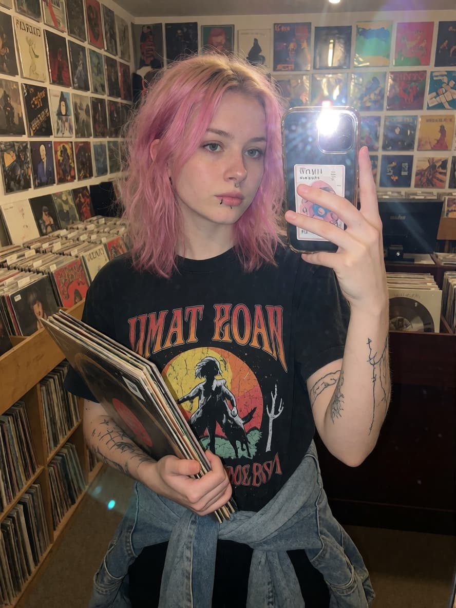 Kenzie taking a mirror selfie in a record shop