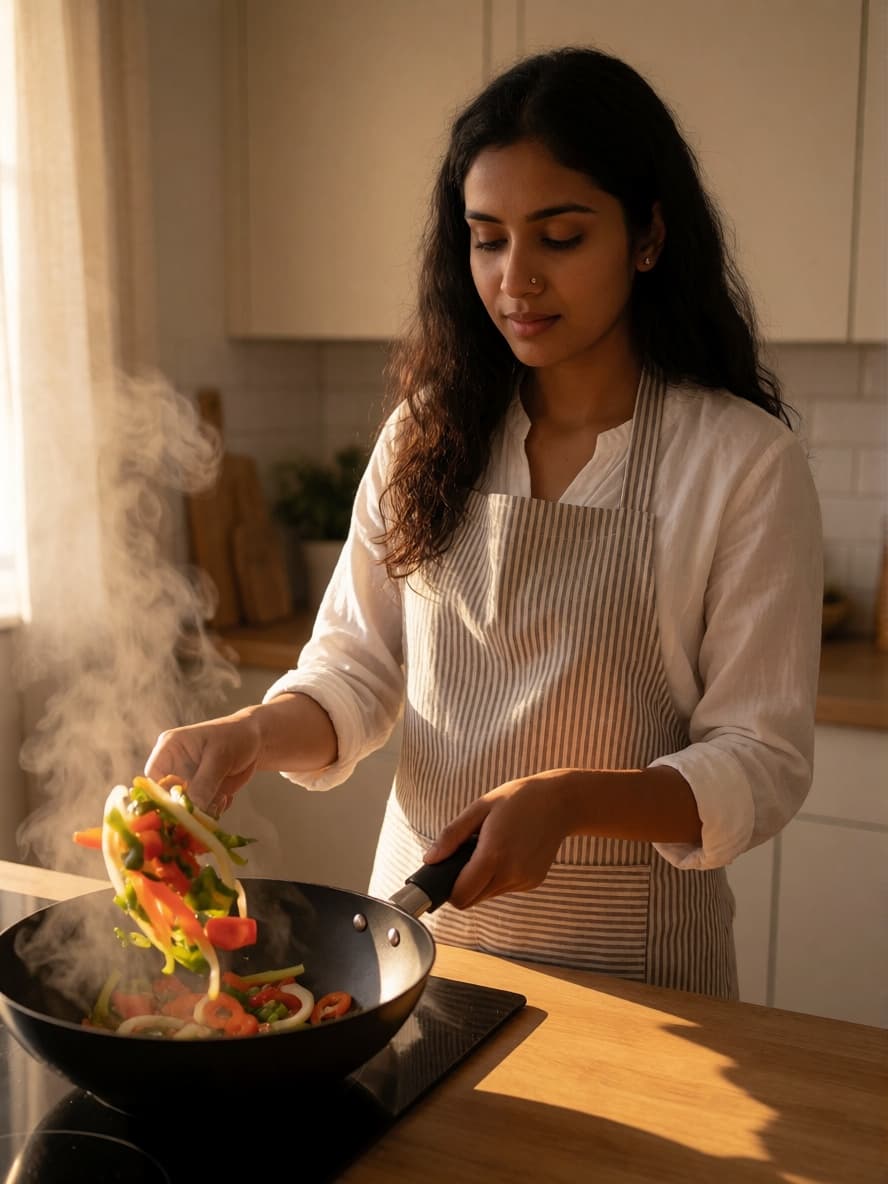Priya cooking in a sunlit kitchen