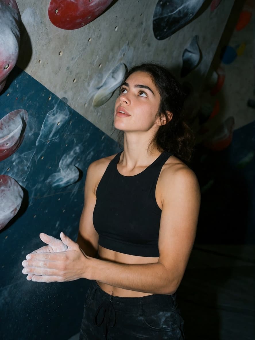 Leila chalking up at a climbing gym