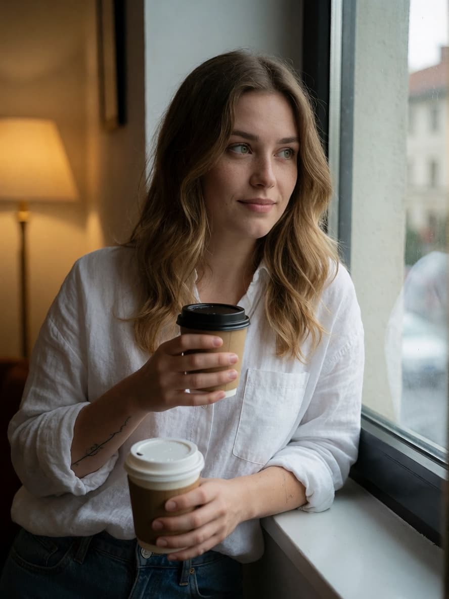 Mia at a window in a linen shirt