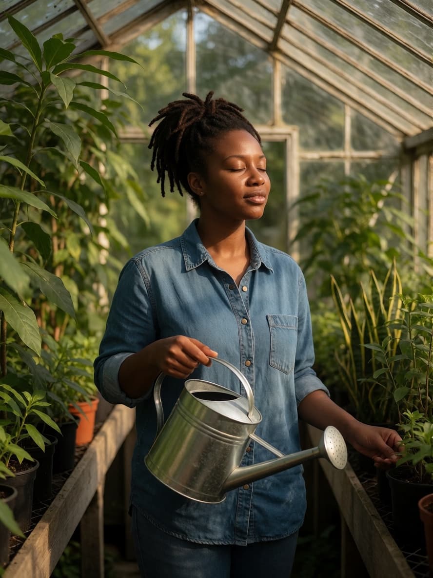 Imani in a greenhouse