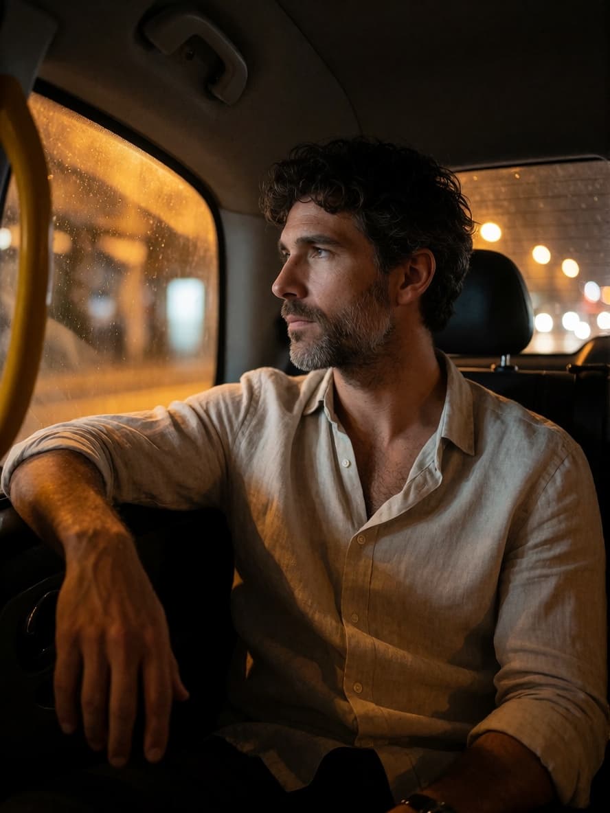 Tomas in the back seat of a taxi at night