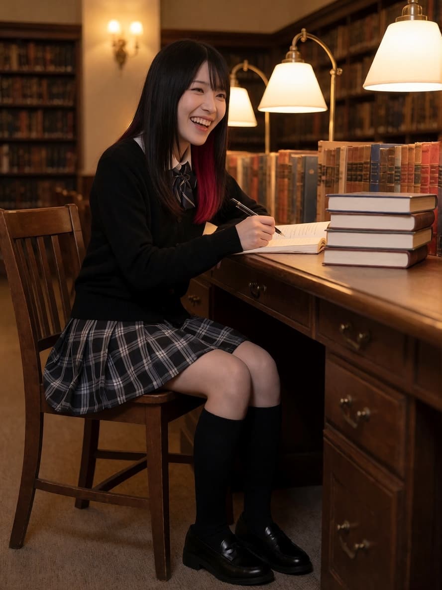 Rin at a library reading desk